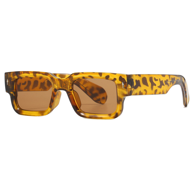 Fashion Leopard Print Tea Slices Square Small Frame Sunglasses With Rice Nails