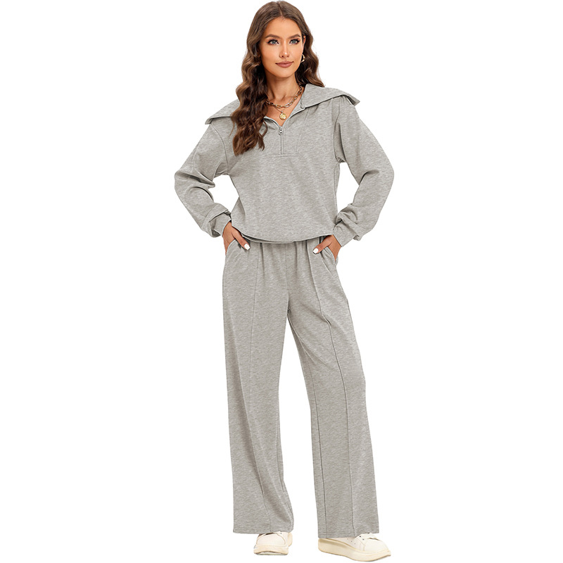 Fashion Grey Polyester Lapel Top Wide Leg Trousers Suit
