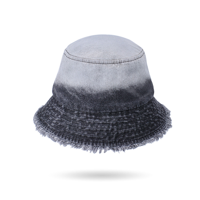 Fashion Black Cotton Gradient Raw Edge Denim Bucket Hat