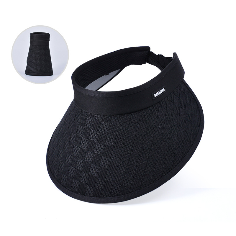 Fashion Black Polyester Plaid Large Brim Hollow Top Sun Hat