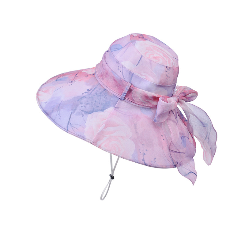 Fashion Pink Polyester Printed Lace-up Large Brim Bucket Hat