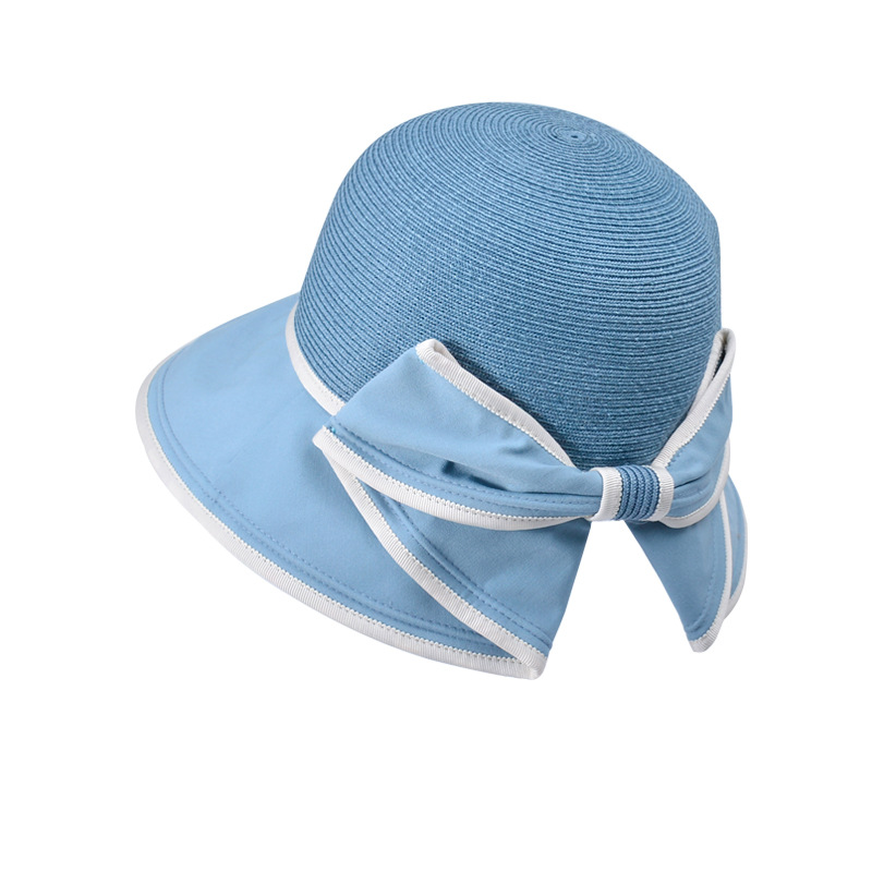 Fashion Blue Straw Lace-up Large Brim Bucket Hat