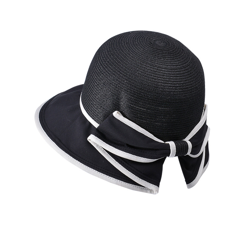 Fashion Black Straw Lace-up Large Brim Bucket Hat