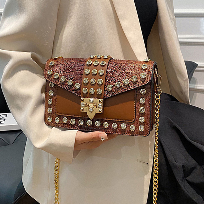 Fashion Brown Pu Diamond Studded Flap Textured Crossbody Bag