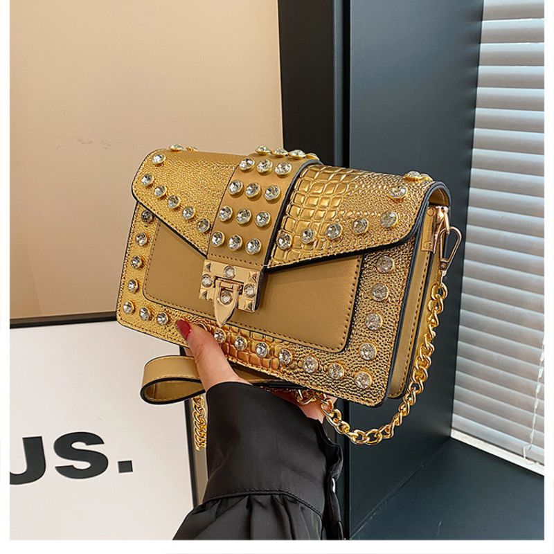 Fashion Gold Pu Diamond Studded Flap Textured Crossbody Bag