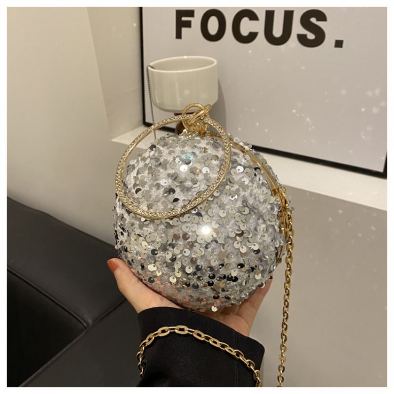 Fashion Sequined Silver Sequin Ring Hand Round Crossbody Bag