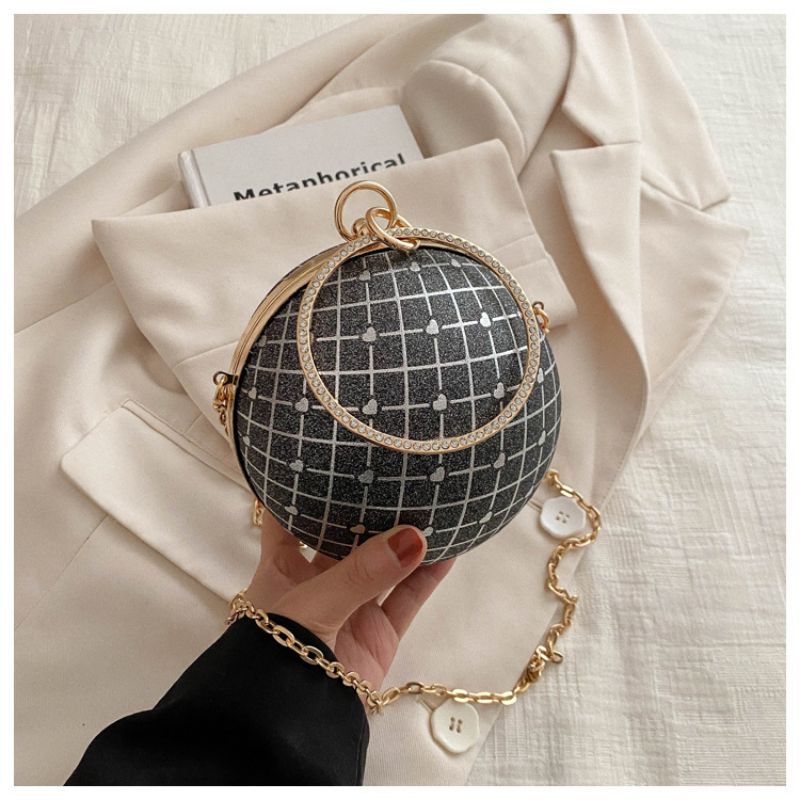 Fashion Fine Shimmer Black Thin Glitter Ring Hand-held Round Crossbody Bag