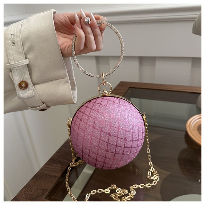 Fashion Fine Shimmer Pink Thin Glitter Ring Hand-held Round Crossbody Bag