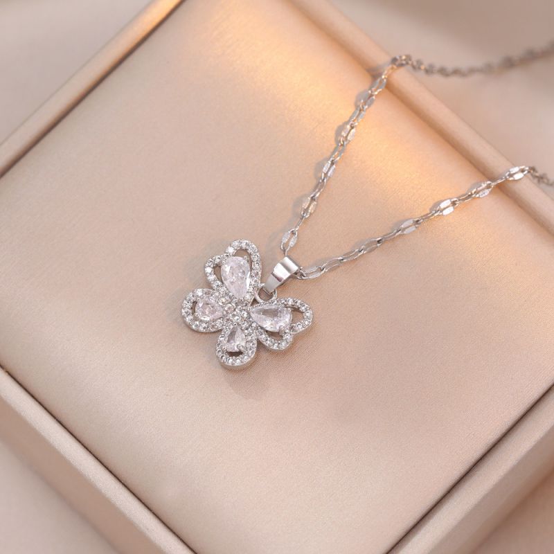 Fashion Silver Titanium Steel Diamond Butterfly Necklace