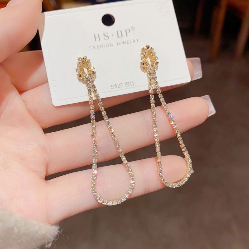 Fashion Full Diamond Long Water Drop Earrings (thick Real Gold Plating) Copper Set With Diamond Long Drop Earrings