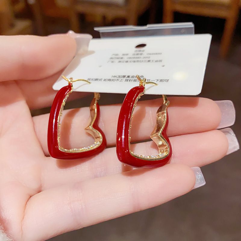 Fashion Red Love Oil-drip Zircon Earrings (thick Real Gold Plating) Copper Drip Oil Love Earrings