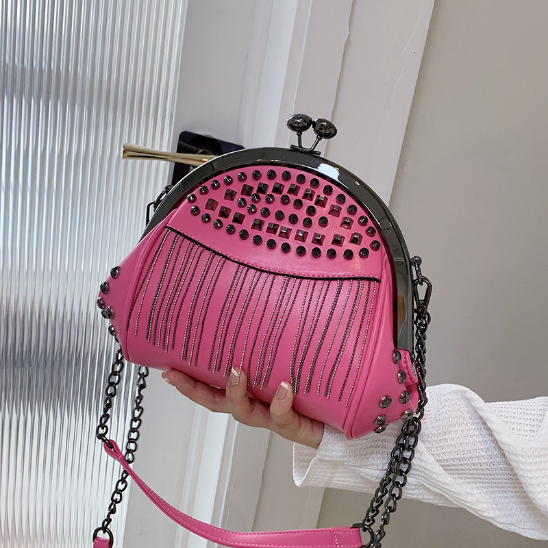 Fashion Pink Pu Rivet Clip Crossbody Bag