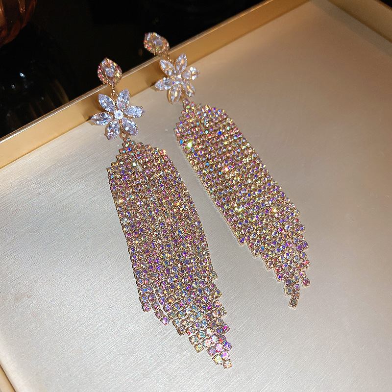 Fashion Gold-ab Colored Diamond Copper Diamond Flower Tassel Earrings
