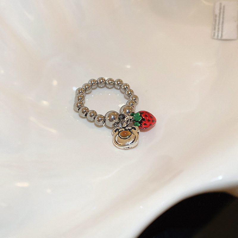 Fashion Ring-silver Alloy Geometric Beaded Strawberry Bear Ring