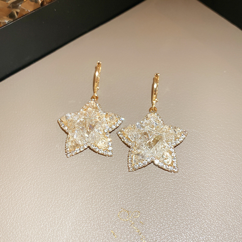 Fashion Earrings - Gold (real Gold Plating) Geometric Diamond Star Hoop Earrings