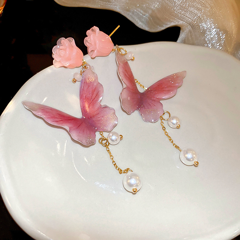 Fashion Pink Metal Flower Butterfly Pearl Earrings