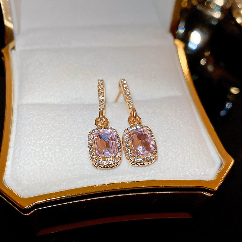 Fashion Pink Alloy Diamond Square Earrings