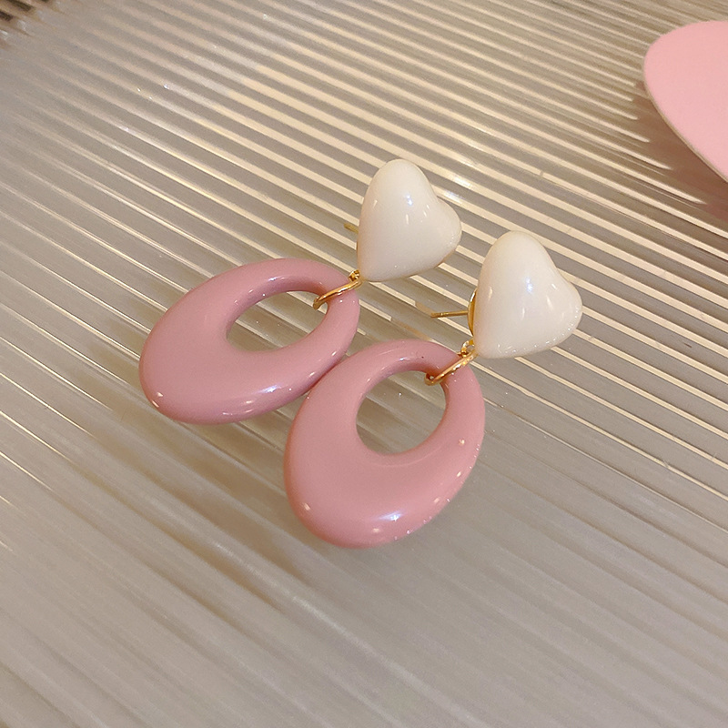 Fashion Silver Needle=pink Acrylic Oval Love Earrings
