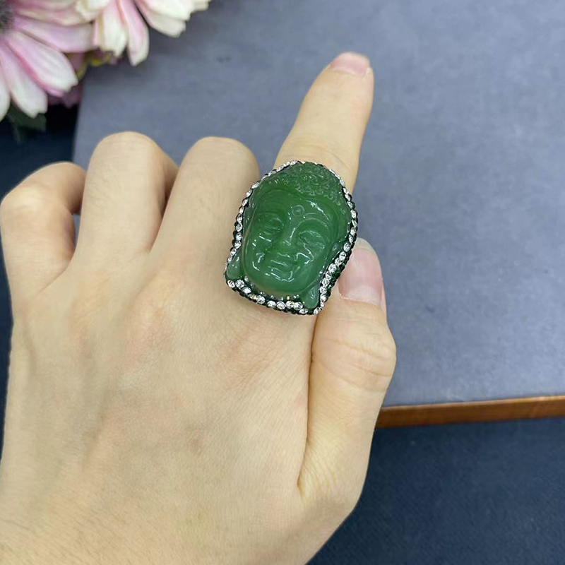 Fashion Green Copper Glazed Buddha Head Ring