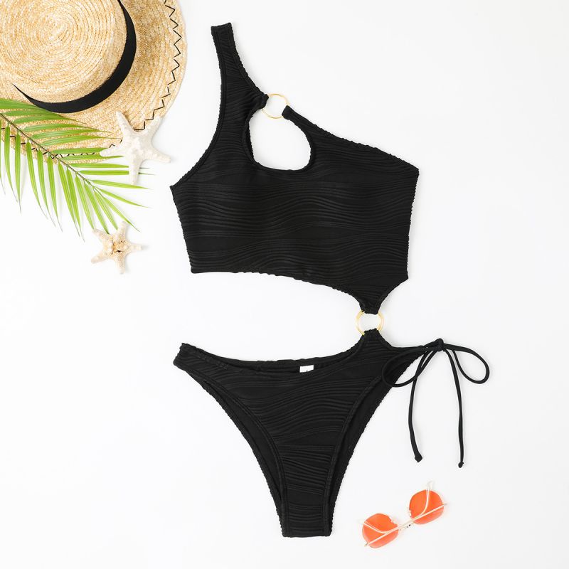 Fashion Black Polyester Ring Wave Pattern One-shoulder Swimsuit