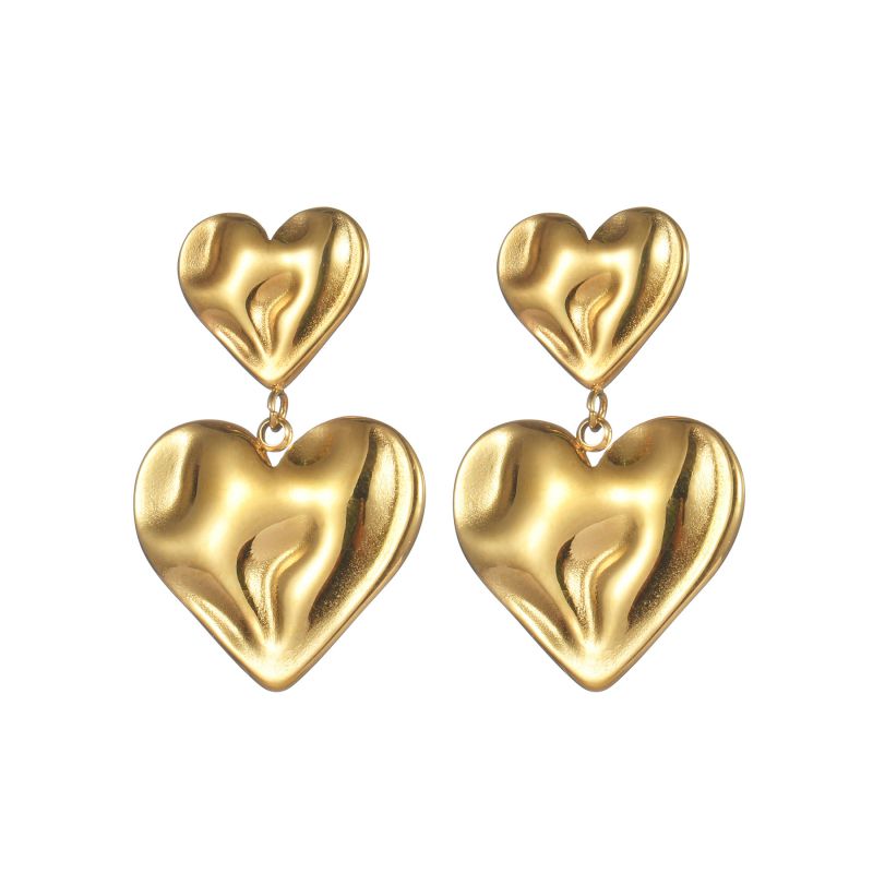 Fashion Gold Stainless Steel Pleated Textured Double Heart Earrings