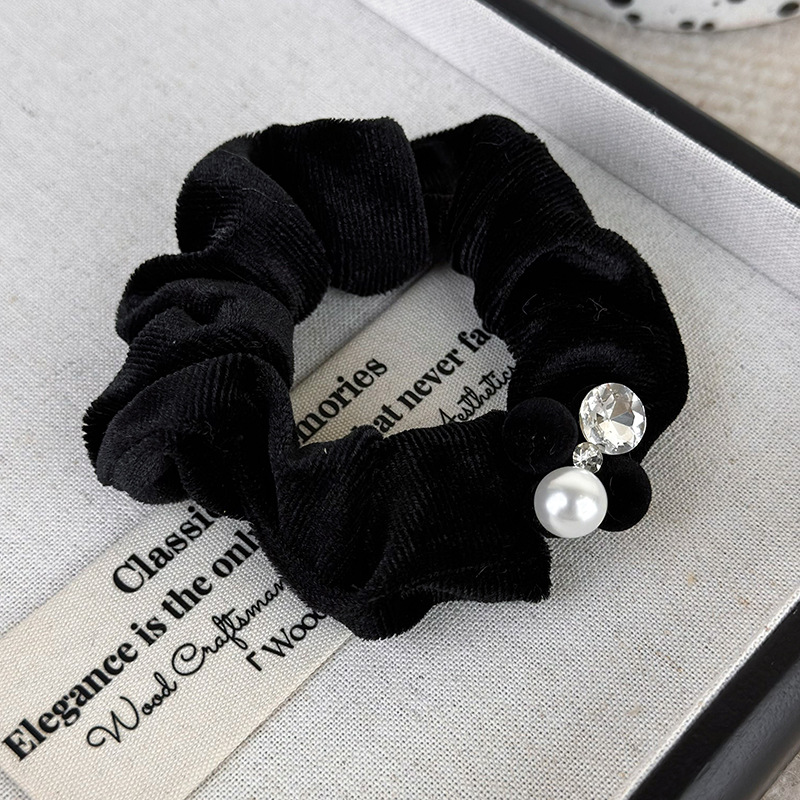 Fashion B Black Ball Fabric Diamond-encrusted Pearl Velvet Pleated Hair Tie