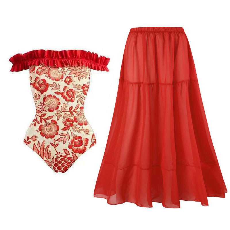 Fashion Red Large Size Suit Polyester Printed One-shoulder Swimsuit Beach Skirt Set