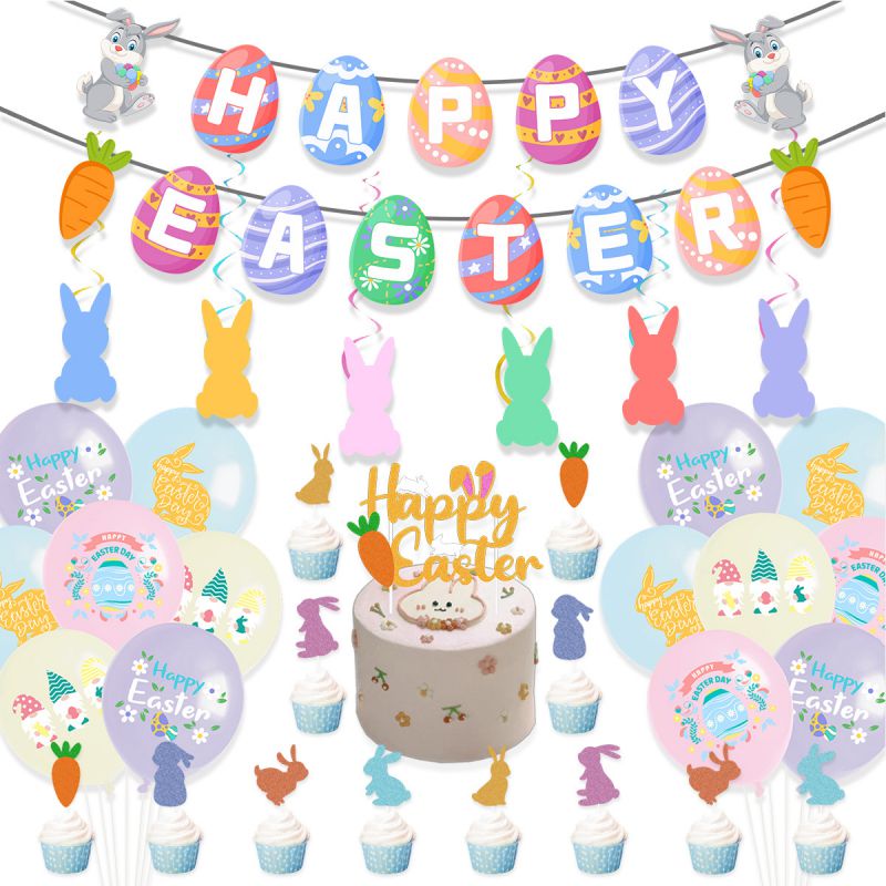 Fashion Easter Combination Set Ten [5-piece Set] Colorful Letter Egg Rabbit Flag Cake Latex Balloon Set
