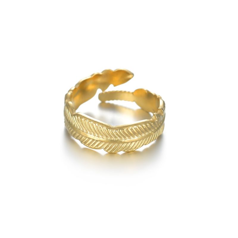 Fashion Gold Stainless Steel Leaf Open Ring
