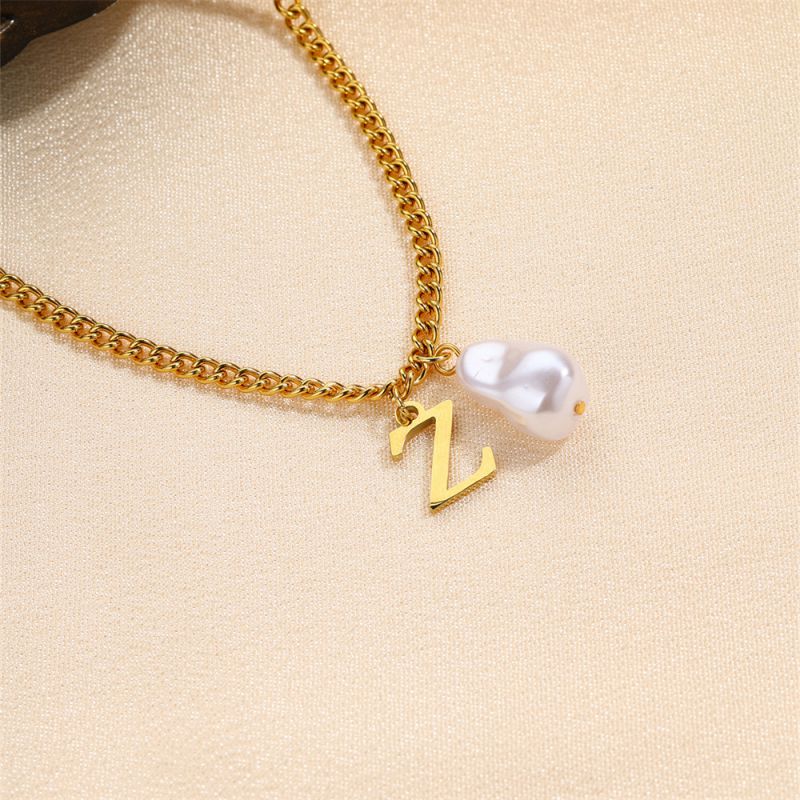 Fashion Letter Z Necklace Stainless Steel Pearl 26 Letter Necklace