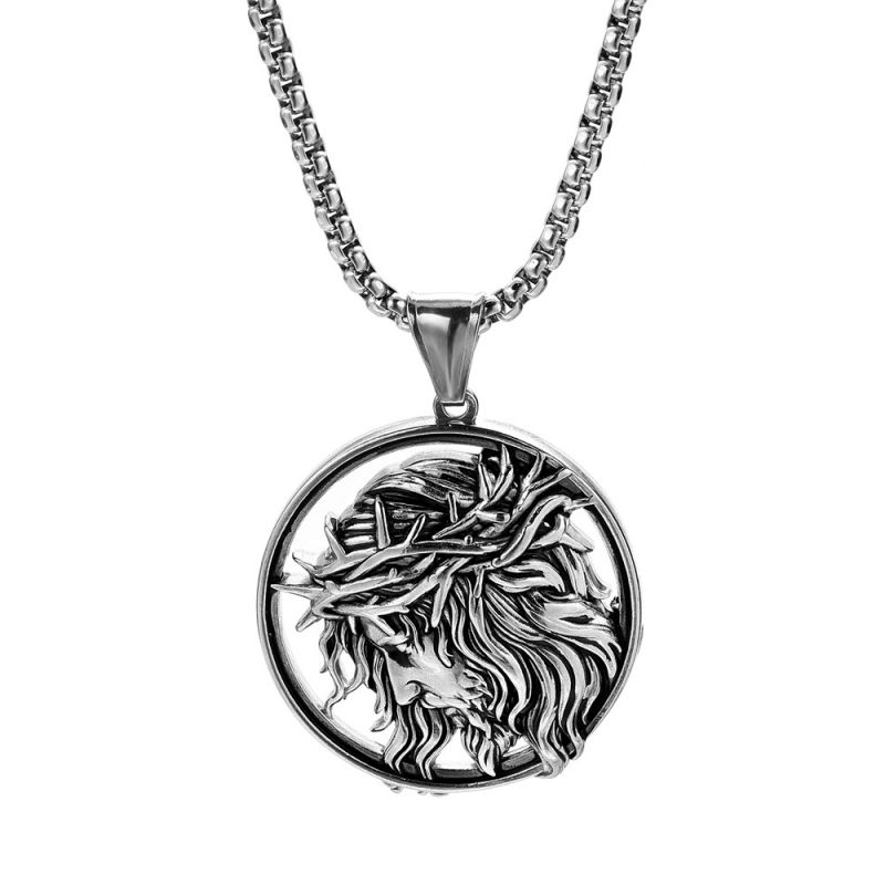 Fashion Silver Stainless Steel Embossed Portrait Mens Necklace