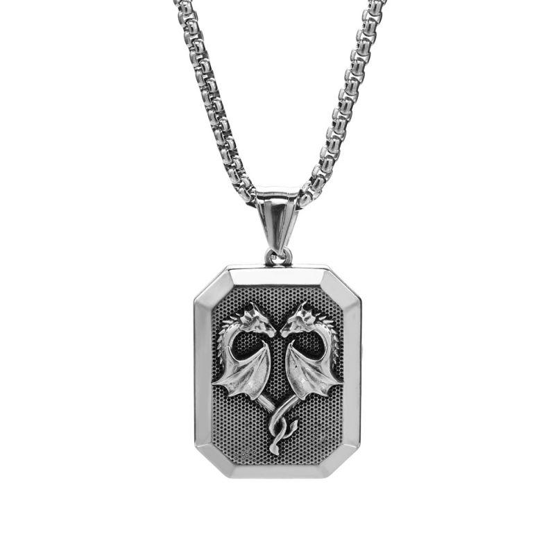 Fashion Silver Stainless Steel Double Dragon Love Square Mens Necklace