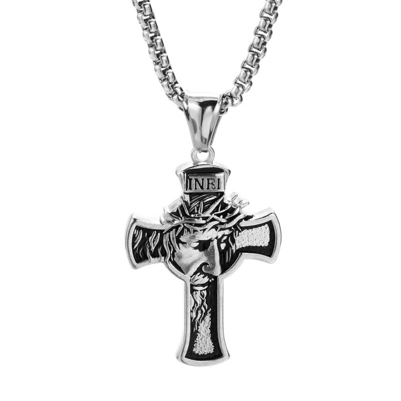 Fashion Silver Stainless Steel Portrait Cross Mens Necklace