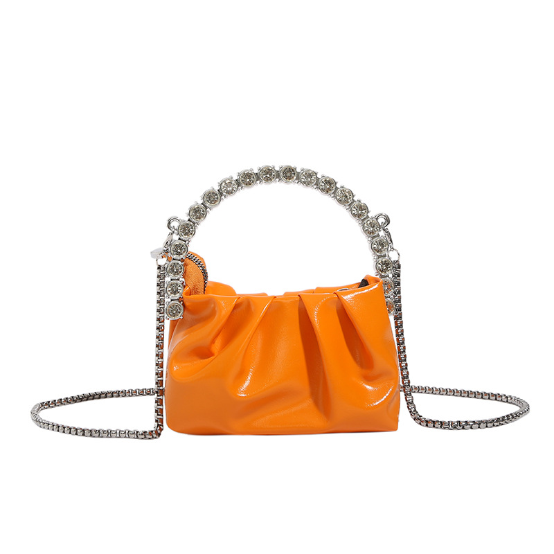 Fashion Orange Diamond-encrusted Pleated Large-capacity Crossbody Bag