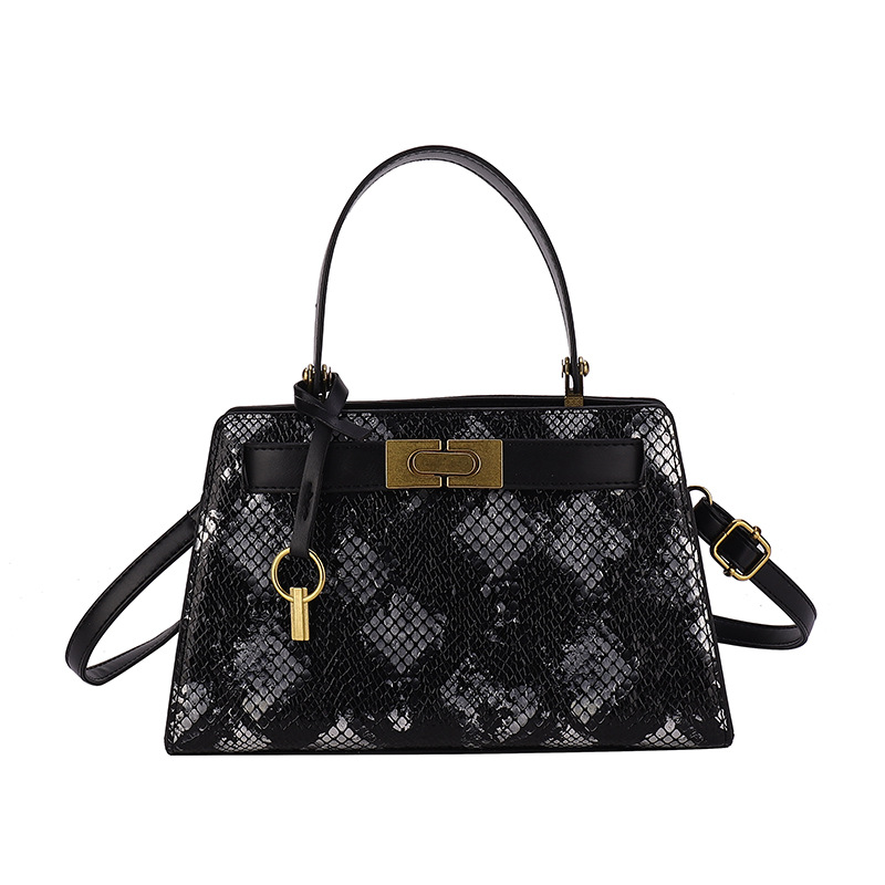 Fashion Black Pu Snake Pattern Lock Large Capacity Crossbody Bag