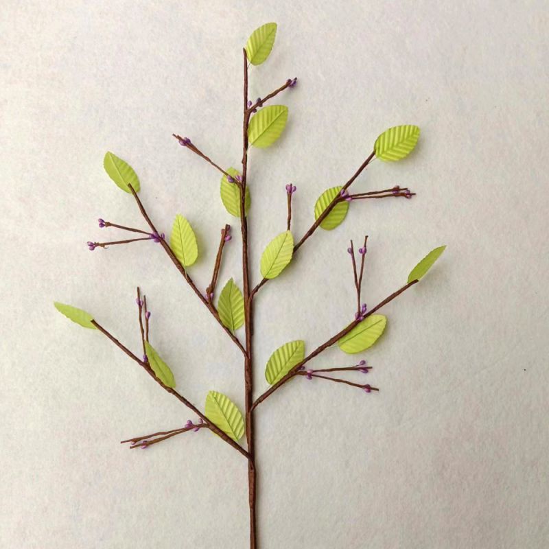 Fashion Green Leaves And Purple Flower Bud Cuttings Plastic Simulated Green Leaves And Flower Branches