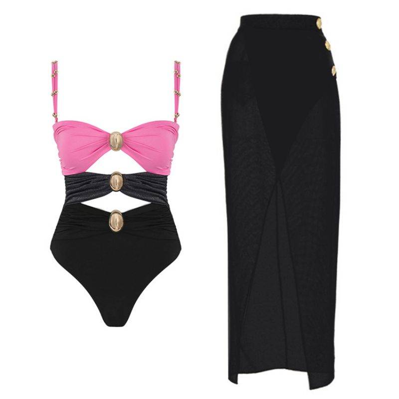 Fashion Black Color Block Swimsuit Set Nylon Gold Buckle Hollow Color Block One-piece Swimsuit Knotted Beach Skirt Set