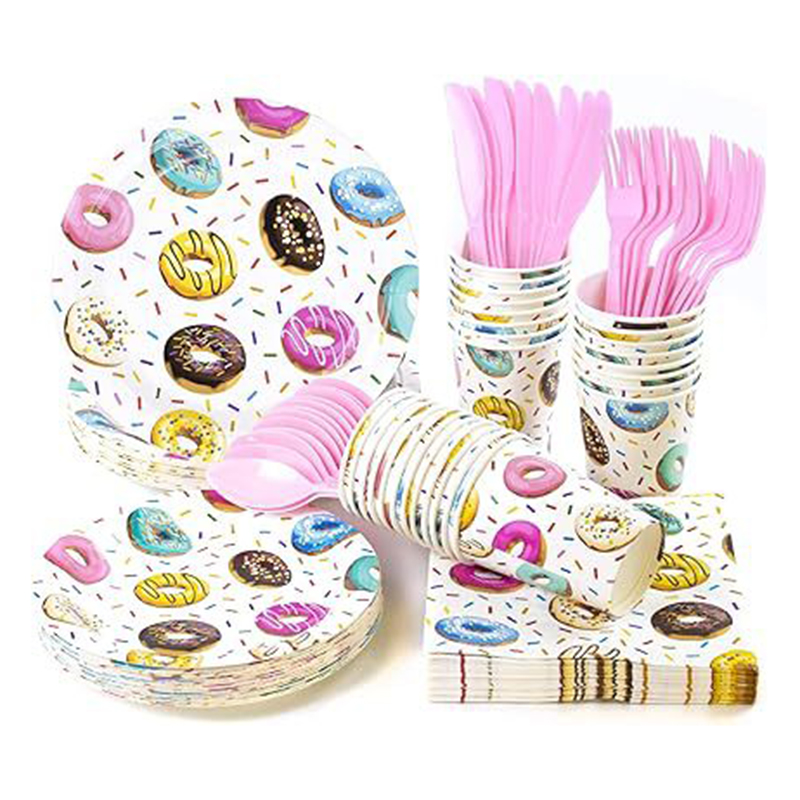 Fashion Donut Party Kit Paper Printed Disposable Paper Plates Cups Paper Towels Tableware Set