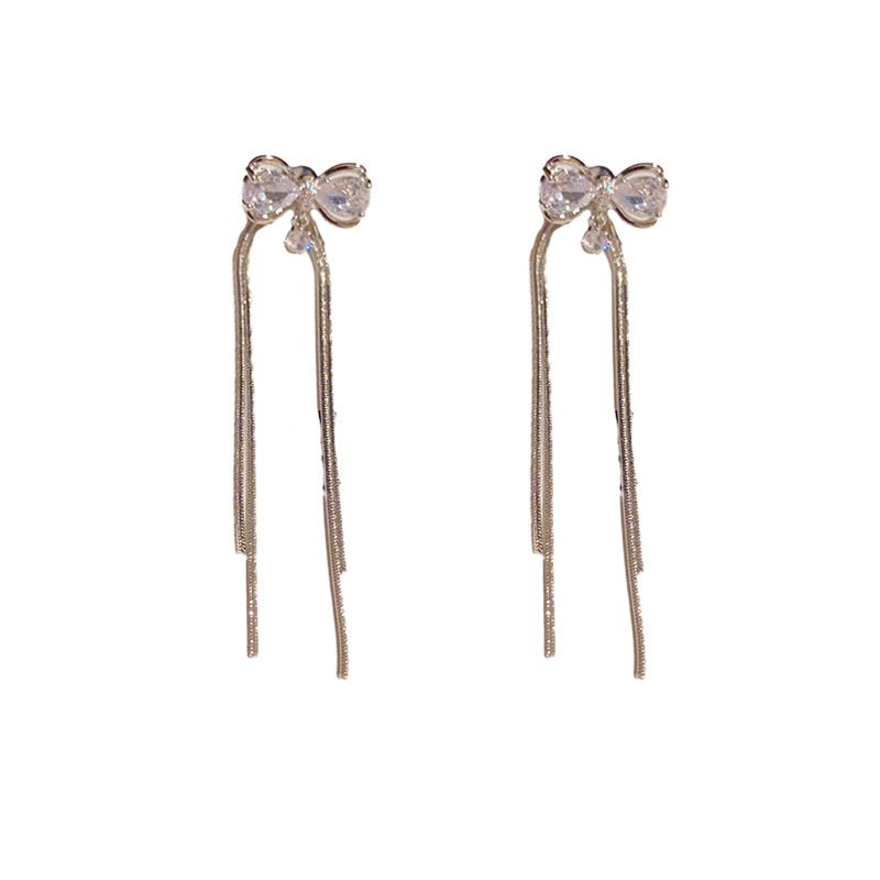 Fashion Silver Copper Diamond Bow Tassel Earrings