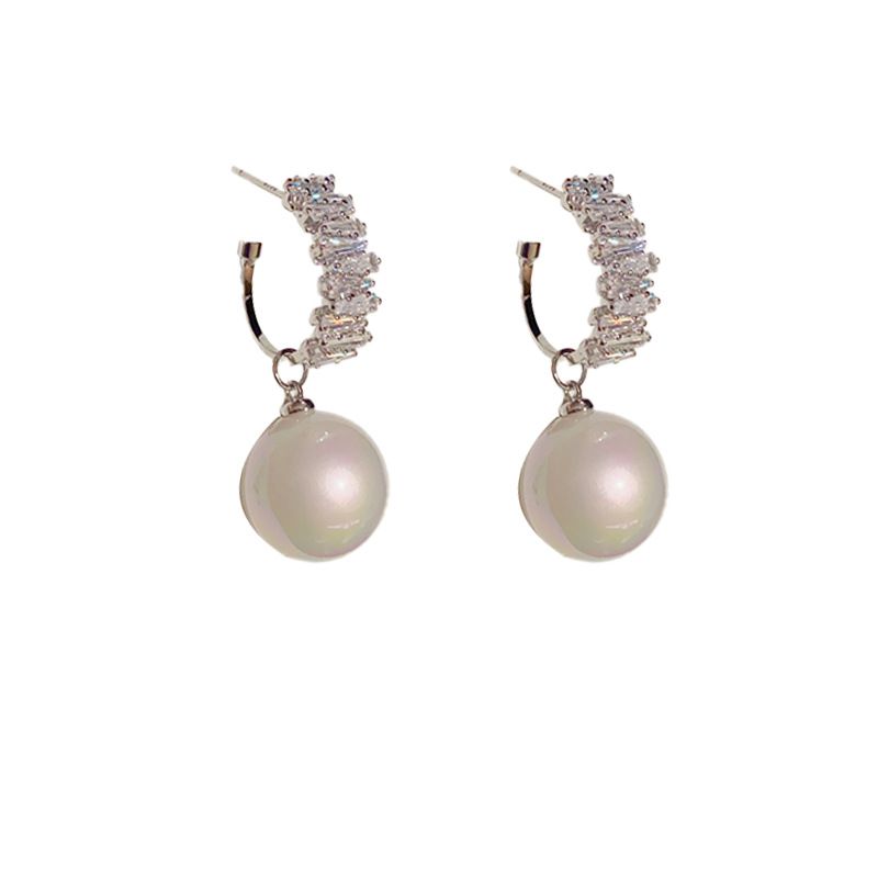 Fashion Silver-zirconia Hanging Pearl Earrings (thick Real Gold Plating) Copper Inlaid Zirconium Geometric Pearl Hoop Earrings