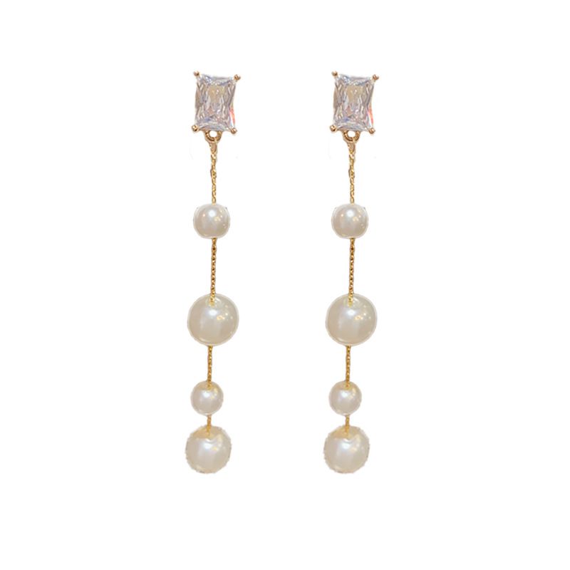 Fashion Gold Copper Set Square Diamond Pearl Earrings