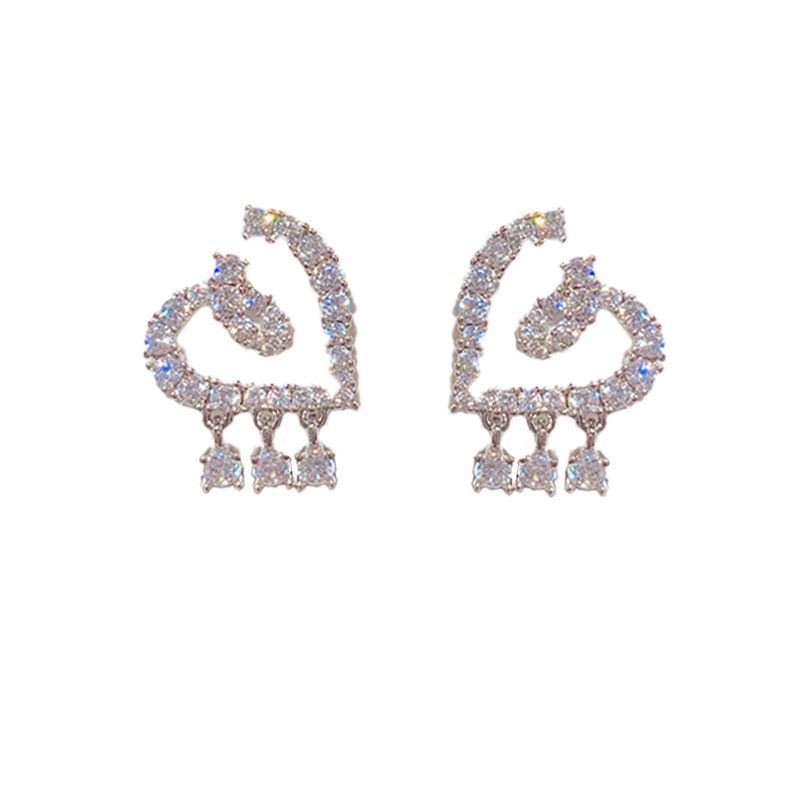 Fashion Silver - Full Zirconium Love Tassel Earrings (thick Real Gold Plating) Copper Diamond Love Earrings