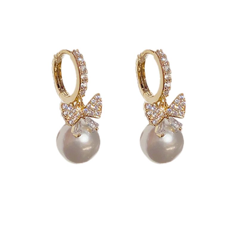 Fashion Zircon Bow Pearl Earrings (thick Real Gold Plating) Copper Inlaid Zirconium Bow Pearl Earrings
