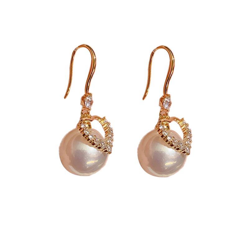 Fashion Gold-love Pearl Ear Hooks (thick Real Gold Plating) Copper Diamond Love Pearl Earrings