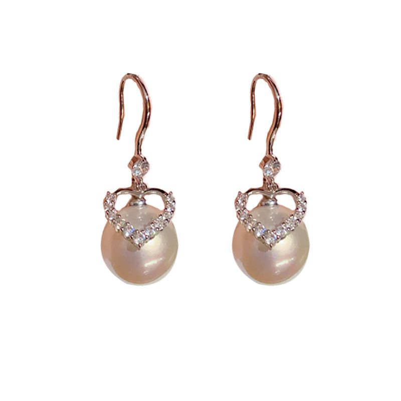 Fashion Silver-love Pearl Ear Hooks (thick Real Gold Plating) Copper Diamond Love Pearl Earrings
