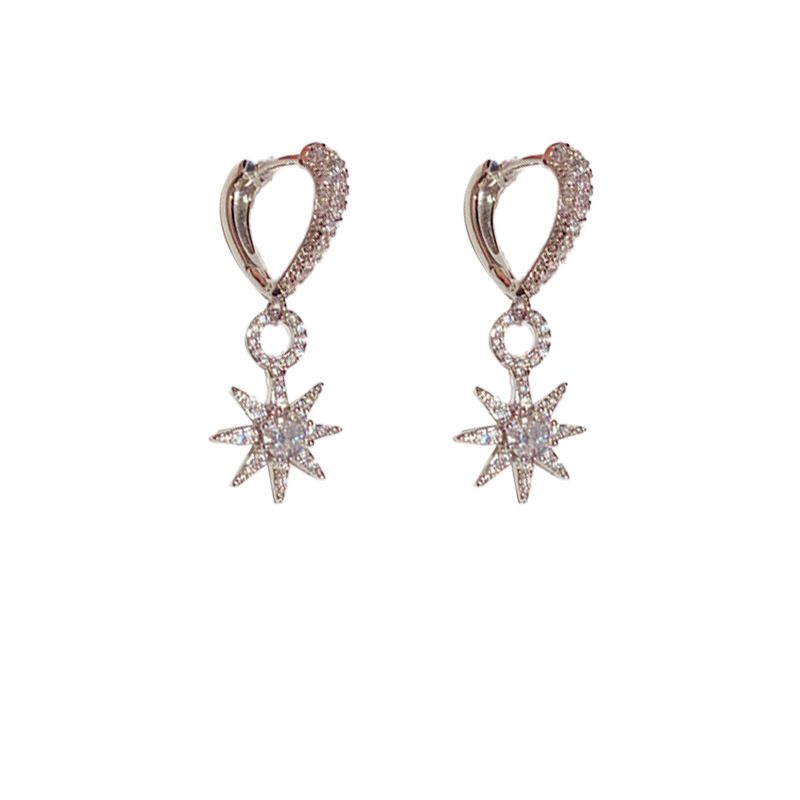 Fashion Silver - Full Zirconium Star Earrings (thick Real Gold Plating) Copper Diamond Star Earrings