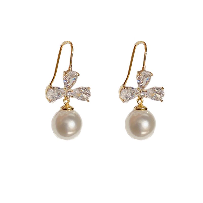 Fashion Gold-zircon Flower Pearl Ear Hooks (thick Real Gold Plating) Copper Inlaid Zirconium Geometric Pearl Earrings