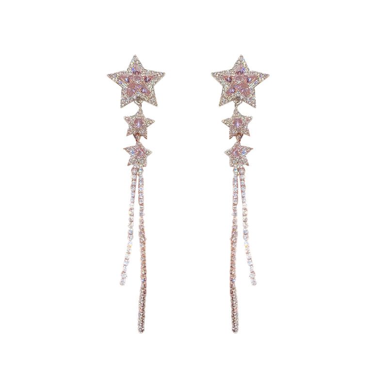 Fashion Silver - Full Zirconium Star Tassel Earrings (thick Real Gold Plating) Copper Diamond Star Tassel Earrings