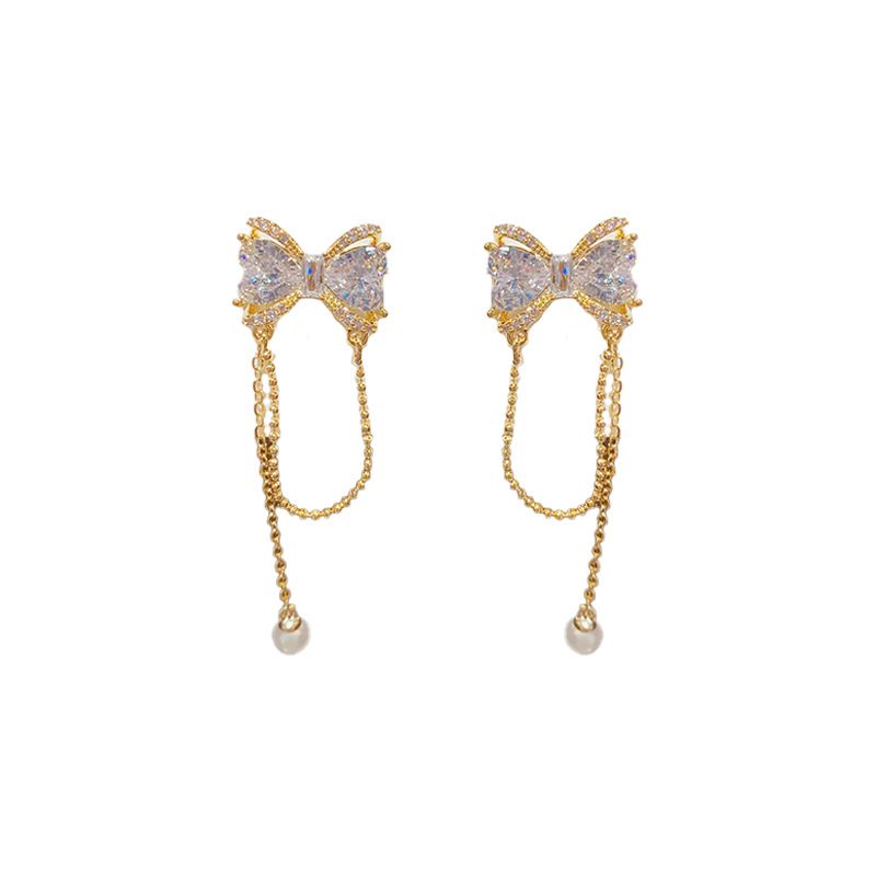 Fashion Gold - Bow Zircon Chain Tassel (thickened Real Gold Plating) Copper Diamond Bow Chain Tassel Earrings