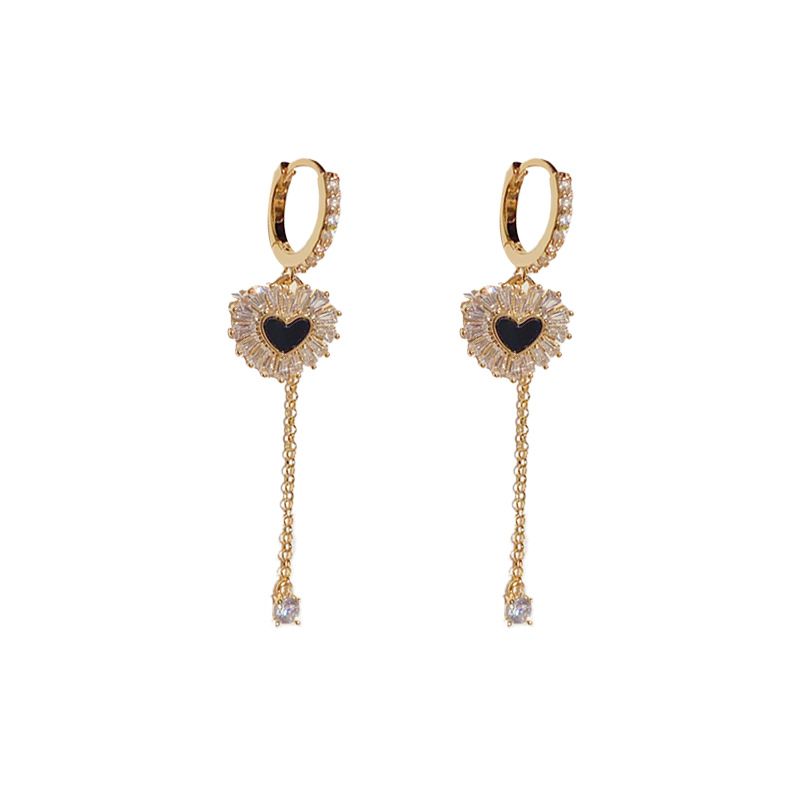 Fashion Gold-zircon Love Tassel Earrings (thick Real Gold Plating) Copper Diamond Heart Hoop Earrings